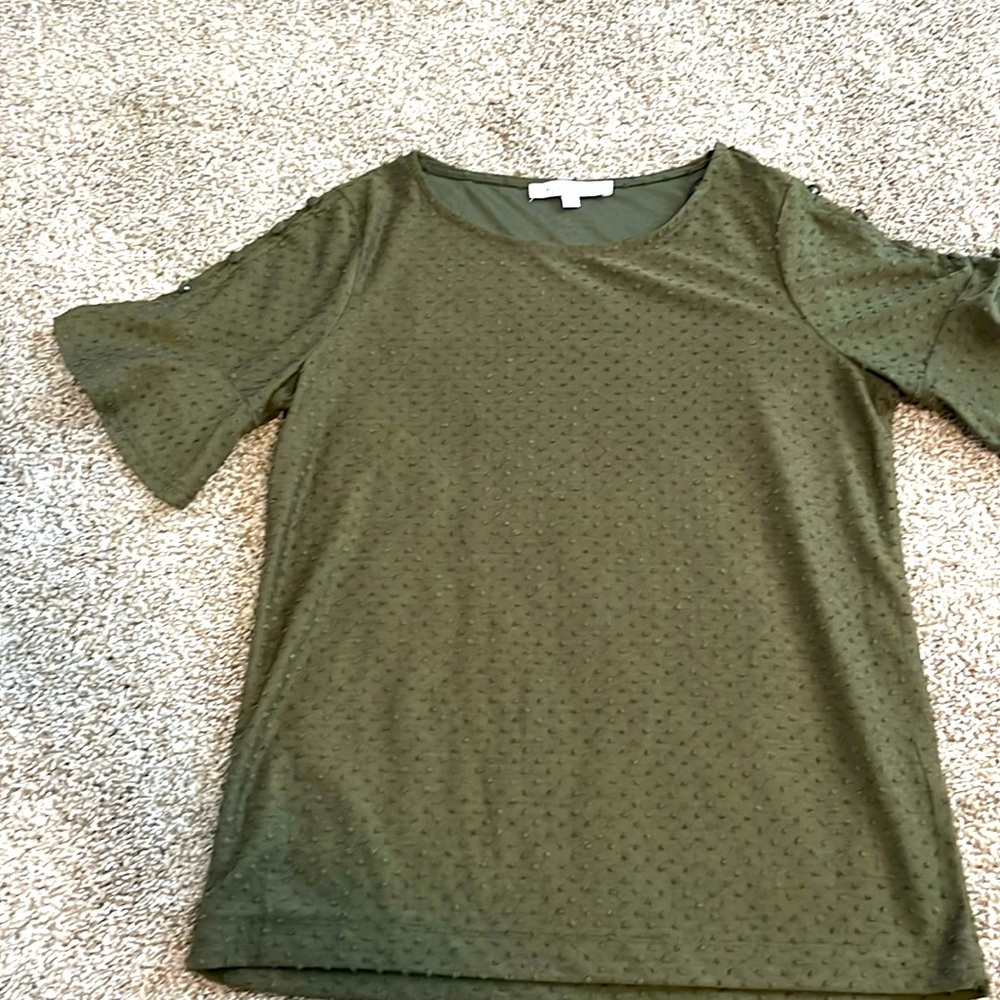 Olive green Rose + Olive Swiss dot shirt with glitter sleeves and button detail